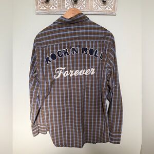 Brown Plaid Men's L Shirt with Embroidered ‘Rock N Roll’ Design